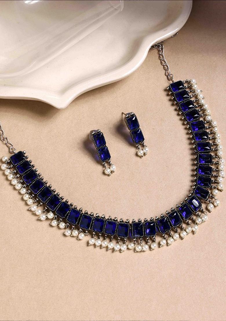 Oxidised Silver Plated White And Blue Stone Studded Beaded Handcrafted Jewellery Set