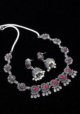 Oxidized Silver Plated And Pink Artificial Stone Studded Handcrafted Jewellery Set