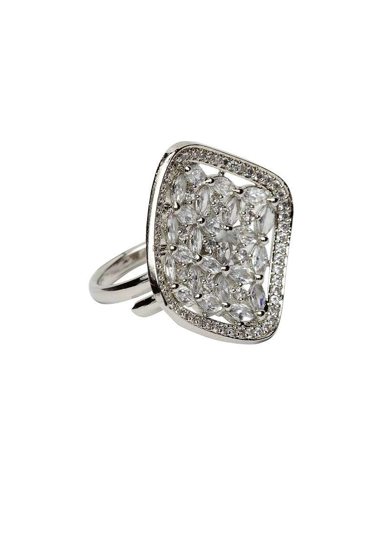 Rhodium Plated Silver Toned Solitaire AD Studded Handcrafted Adjustable Finger Ring - Indya