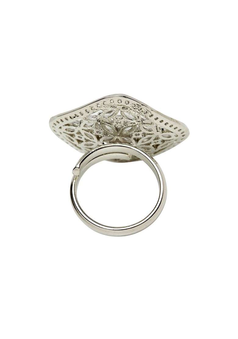 Rhodium Plated Silver Toned Solitaire AD Studded Handcrafted Adjustable Finger Ring - Indya