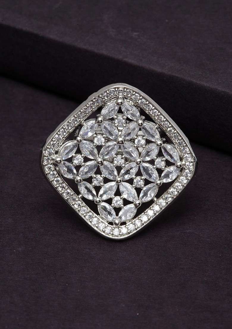 Rhodium Plated Silver Toned Solitaire AD Studded Handcrafted Adjustable Finger Ring - Indya