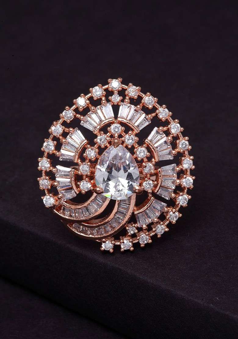 Rose Gold Plated White AD Studded Solitaire Handcrafted Adjustable Finger Ring - Indya