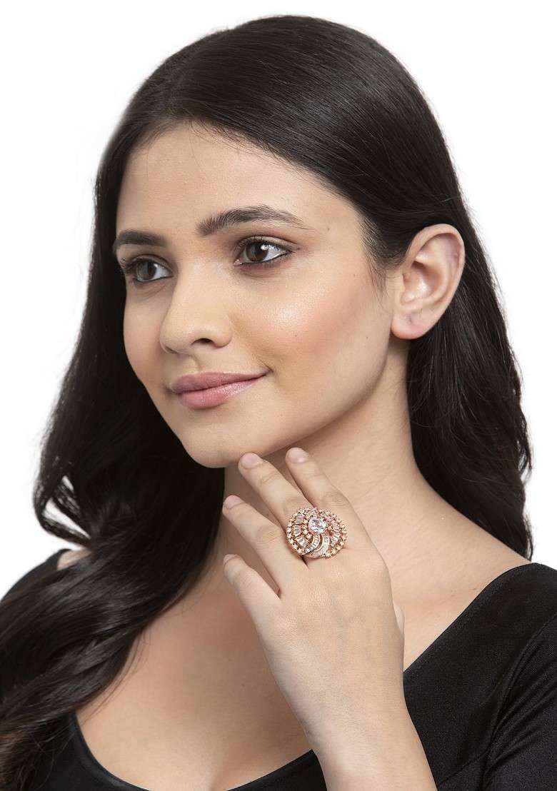 Rose Gold Plated White AD Studded Solitaire Handcrafted Adjustable Finger Ring - Indya