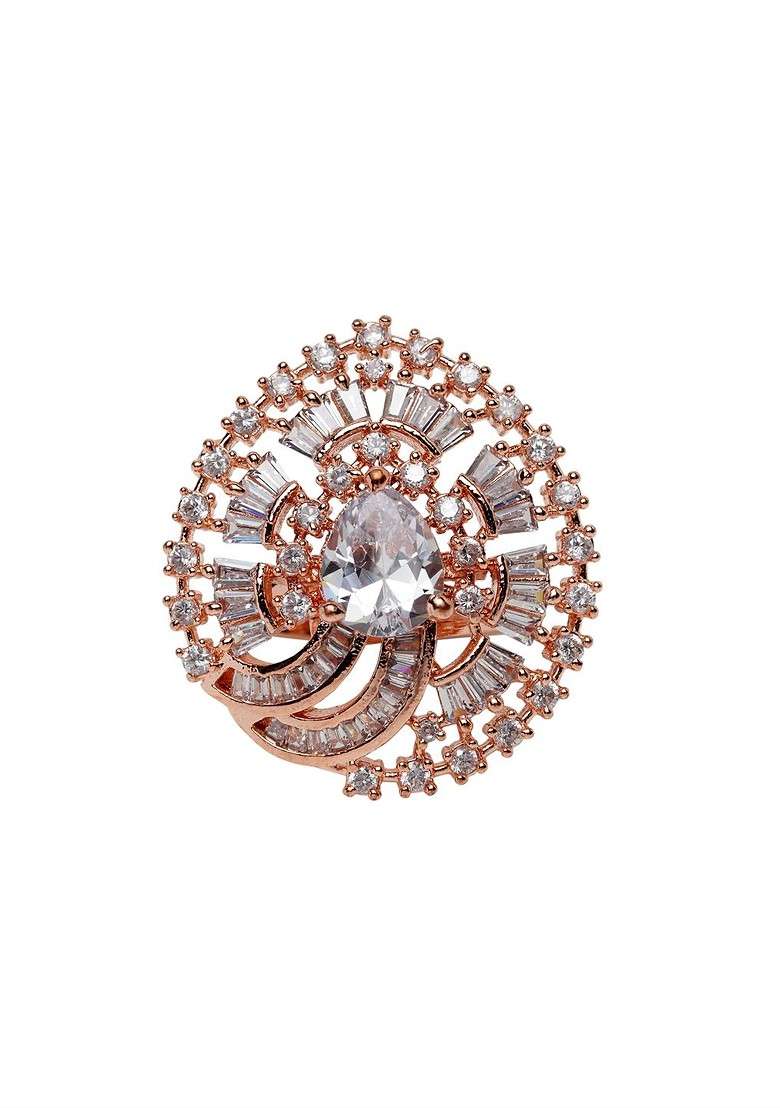 Rose Gold Plated White AD Studded Solitaire Handcrafted Adjustable Finger Ring - Indya