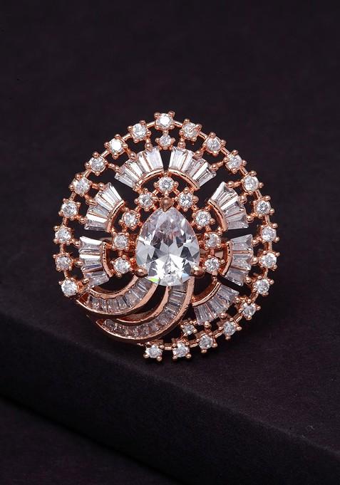 Rose Gold Plated White AD Studded Solitaire Handcrafted Adjustable Finger Ring