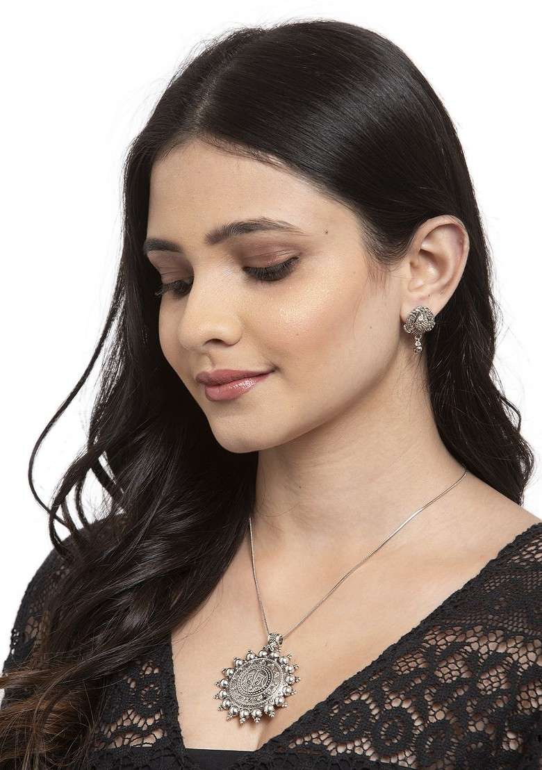 Oxidized Silver Plated Peacock Shaped Jewellery Set - Indya