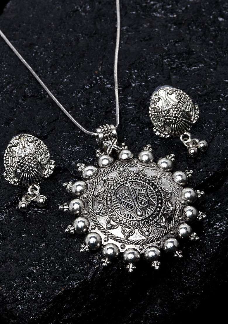 Oxidized Silver Plated Peacock Shaped Jewellery Set - Indya