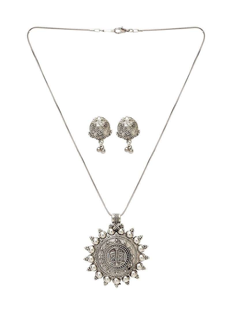Oxidized Silver Plated Peacock Shaped Jewellery Set - Indya
