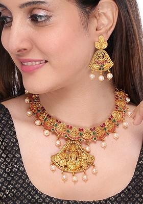 Gold Plated Red And Green Stone Studded Beaded Temple Handcrafted Jewellery Set