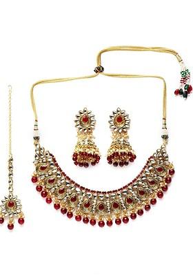Gold Plated Maroon And White Stone And Kundan Studded Beaded Handcrafted Jewellery Set