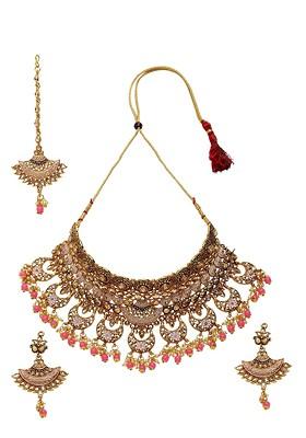 Gold Plated Pink And Beige Stone Studded Beaded Enamelled Sustainable Handcrafted Jewellery Set
