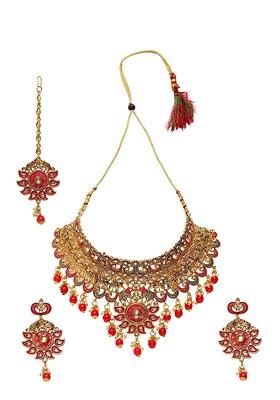 Gold Plated Red And White Stone Studded Beaded Enamelled Sustainable Handcrafted Jewellery Set