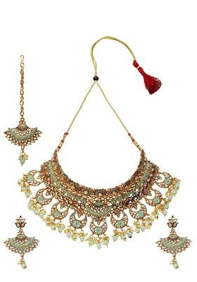 Gold Plated Sea Green And White Stone Studded Beaded Enamelled Sustainable Handcrafted Jewellery Set