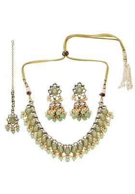 Gold Plated Sea Green And White Kundan And Stone Studded Beaded Sustainable Handcrafted Jewellery Set