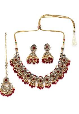 Gold Plated Maroon And White Kundan And Stone Studded Beaded Sustainable Handcrafted Jewellery Set