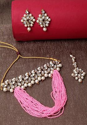 Gold Plated White And Pink Kundan Studded Beaded Sustainable Handcrafted Jewellery Set