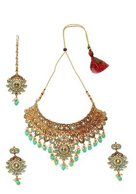 Gold Plated Sea Green And White Stone Studded Beaded Enamelled Sustainable Handcrafted Jewellery Set