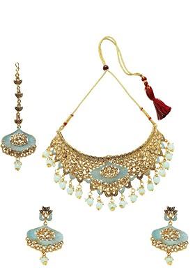 Gold Plated And Turquoise Blue Artificial Stones And Beads Studded Enamelled Jewellery Set