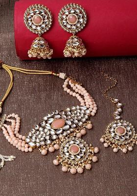 Gold Plated White And Pink Kundan Beaded Handcrafted Jewellery Set