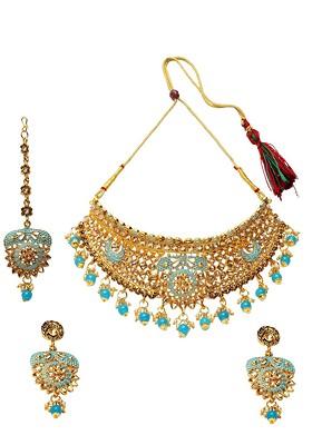 Gold Plated Turquoise Blue And White Stone Studded Beaded Enamelled Sustainable Handcrafted Jewellery Set