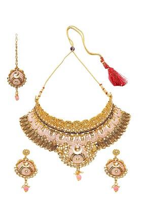 Gold Plated Pink And White Stone Studded Beaded Enamelled Sustainable Handcrafted Jewellery Set