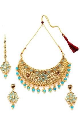 Gold Plated Turquoise Blue And White Stone Studded Beaded Enamelled Sustainable Handcrafted Jewellery Set