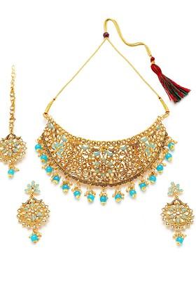 Gold Plated White And Turquoise Blue Stone Studded Beaded Enamelled Sustainable Handcrafted Jewellery Set