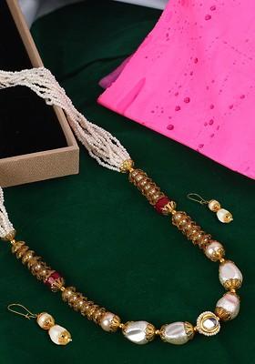 Gold Plated White And Red Pearl Beaded Handcrafted Sustainable Jewellery Set