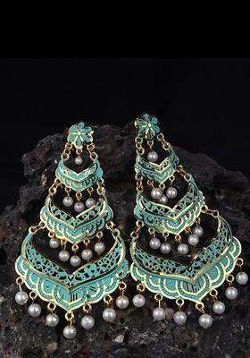 Sea Green And Gold Toned Leaf Shaped Drop Earrings