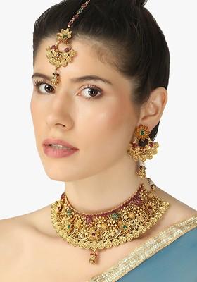 24 CT Gold Plated Pink And Green Choker Stone Studded Jewellery Set