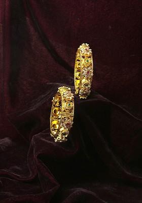 Set Of Two 24 Carat Gold Plated Maroon And Green Artificial Stone Studded Handcrafted Bangles