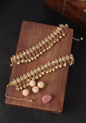 Set Of 2 Gold Plated Tan Brown Kundan Studded Anklets