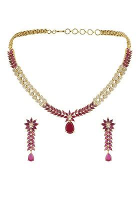 Gold Plated Magenta And White American Diamond Studded Jadau Jewellery set