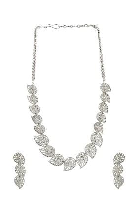 Silver Plated And White American Diamond Studded Jadau Designer Jewellery Set