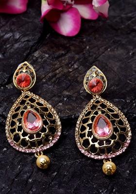 Pink And Gold Plated Teardrop Shaped Drop Earrings