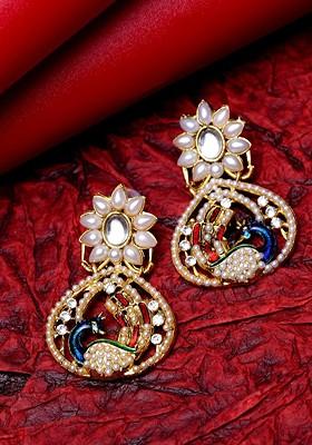 White And Gold Plated Teardrop Shaped Drop Earrings