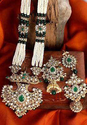 Gold Plated Green And Off White Kundan Studded Pearl Beaded Handcrafted Jewellery Set
