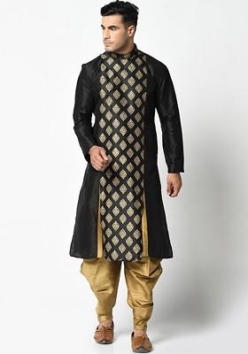 Men Black And Gold Toned Printed Kurta With Dhoti Pants