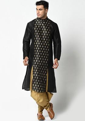 Men Black And Gold Toned Printed Kurta With Dhoti Pants