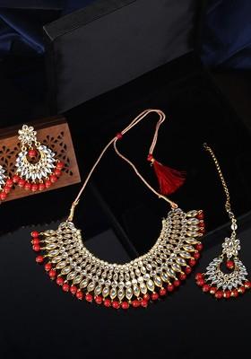 Gold Plated White And Red Traditional Kundan Ethnic Jewellery Set