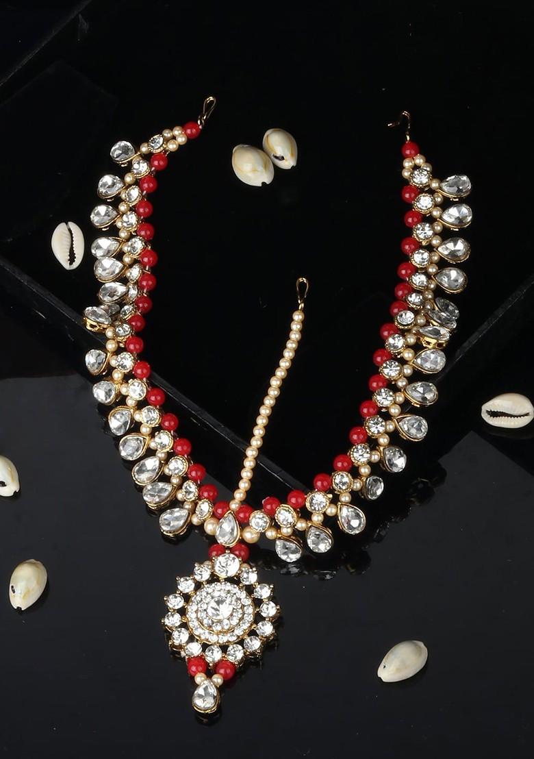 Gold Plated White And Red Stone Studded And Beaded Handcrafted Matha Patti