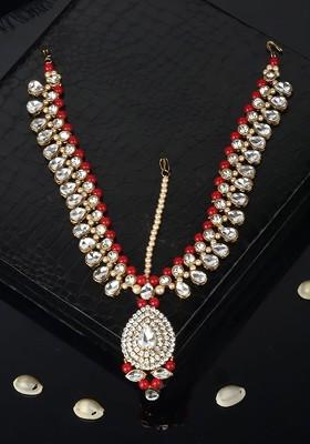 Gold Plated White And Red Stone Studded Beaded Handcrafted Matha Patti