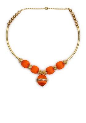 Orange And Gold Toned Silk Thread Handcrafted Statement Necklace