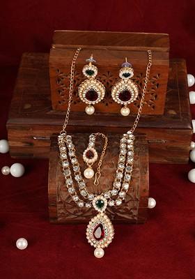 Gold Plated White And Red Stone Studded Beaded Handcrafted Jewellery Set