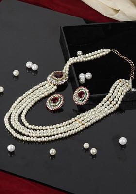 Gold Plated White And Red Handcrafted Pearl Studded Jewellery Set