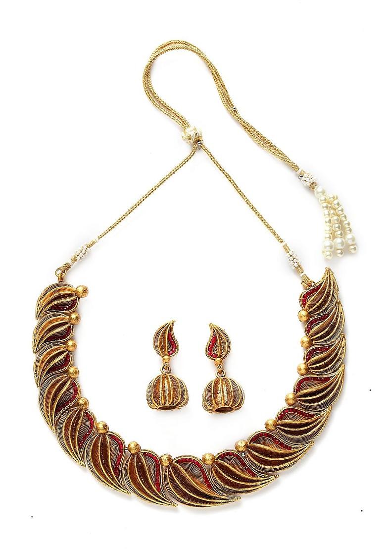 Gold Plated Red Handcrafted Stone Studded Sustainable Jewellery Set