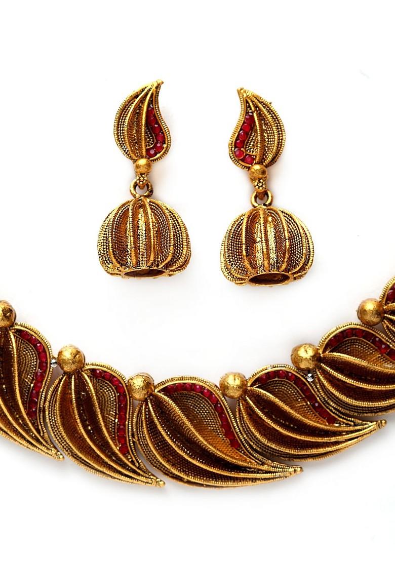 Gold Plated Red Handcrafted Stone Studded Sustainable Jewellery Set