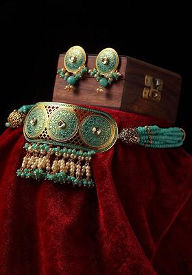 Gold Plated Turquoise Blue And Beige Filigree Work Pearl Beaded Jewellery Set