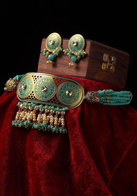 Gold Plated Turquoise Blue And Beige Filigree Work Pearl Beaded Jewellery Set