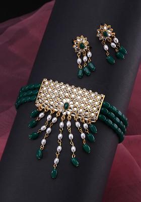 Gold Plated Green And White  Stone Studded Multi Layer Jewellery Set